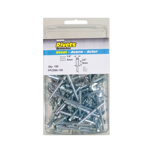 Surebonder Blind Rivet, 1/4 in Dia., 3/8 in L, Steel Body, 100 PK FPC86S-100 - main